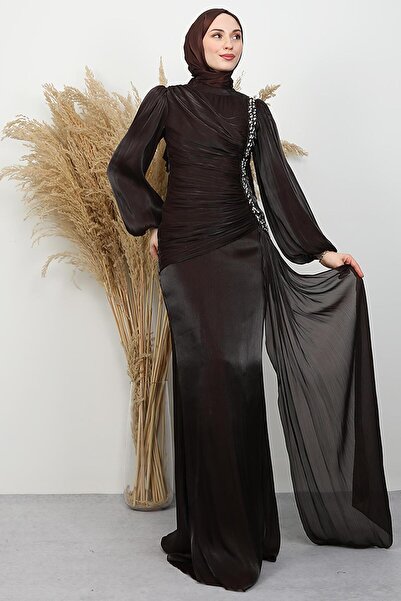 GİYZAMİLA Zer Stone Yoryo Evening Dress Bitter Brown