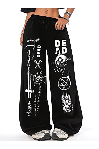 darkopia Unisex Φούτερ παντελόνι με στάμπα Dead, φαρδιά γραμμή και φαρδιά μπα...