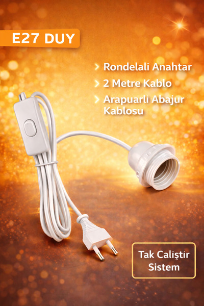 ZMR LUMIXA 1 ADET SEYYAR FİŞLİ E27 DUYLU 2 METRE ARAPUARLI KABLO BEYAZ (AMPUL...