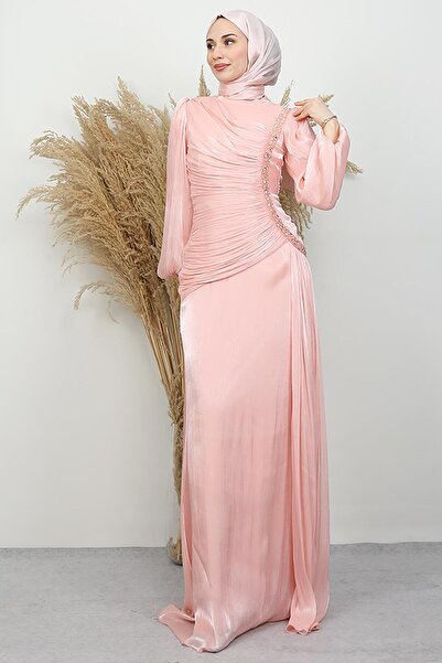 GİYZAMİLA Zer Stone Yoryo Evening Dress Soft Pink