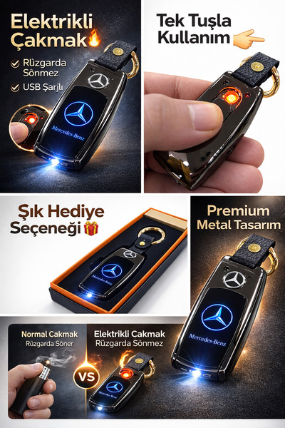 VOLTARA Mercedes Logolu Elektrikli Anahtarlık Çakmak USB Şarjlı Rüzgarda Sönm...