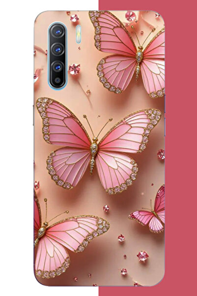Aksesuarist Oppo Reno 3-A91 Uyumlu pembe taşlı kelebek UV Baskılı Silikon Kılıf