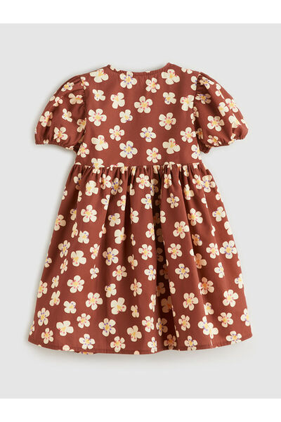 LC Waikiki فستان بناتي بحافة مكشكشة باللون البني مع زهور