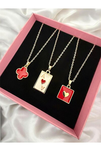 Madam Bikan Gold Renk Kupa As Kırmızı Kalp Kırmızı Yonca 3 Lü Kombin Kolye