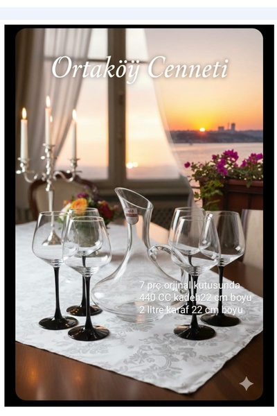 ORTAKÖY CENNETİ Şarap seti 7 prç.cam 1 ad karaf 2 lt 22 cm boyu siyah ayaklı ...