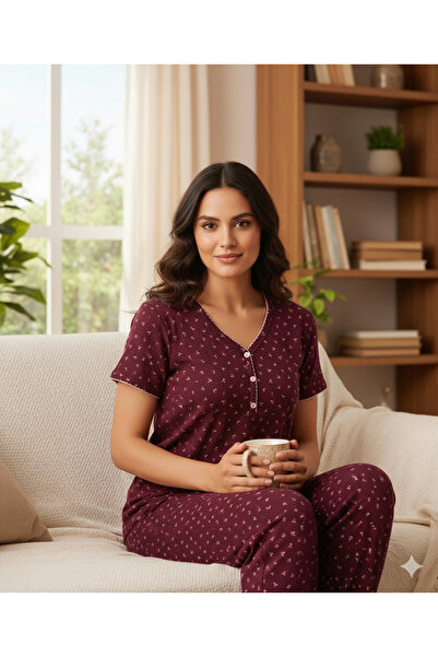 İpek Women's Short Sleeve V-Neck 3 Button Detailed 100% Cotton Tulip Pattern ...