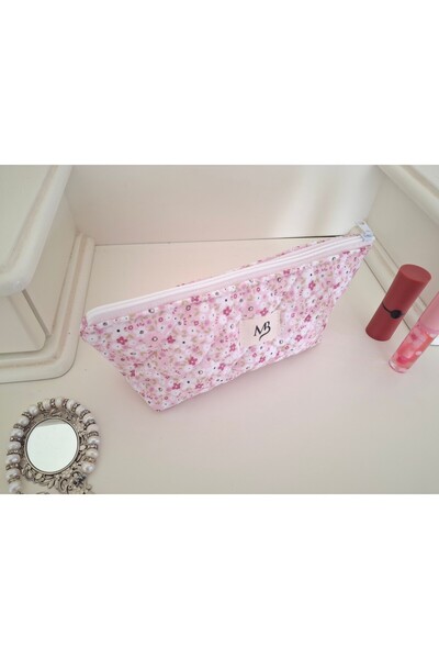 MB Pink Floral Patterned Pencil Bag - Washable - Quilted - Single Compartment