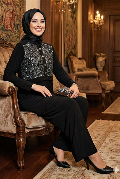 MR.MODAMİRA Kadın Sandy Siyah Özel Tarz Davet Tunik Pantolon Pul File Detaylı...