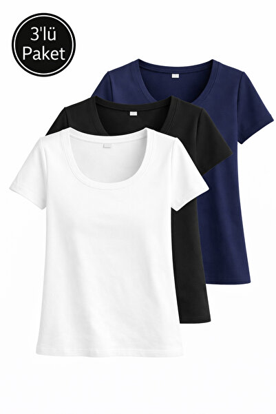 FHELIA Γυναικείο μπλουζάκι 3 τεμαχίων σετ με λαιμόκοψη U