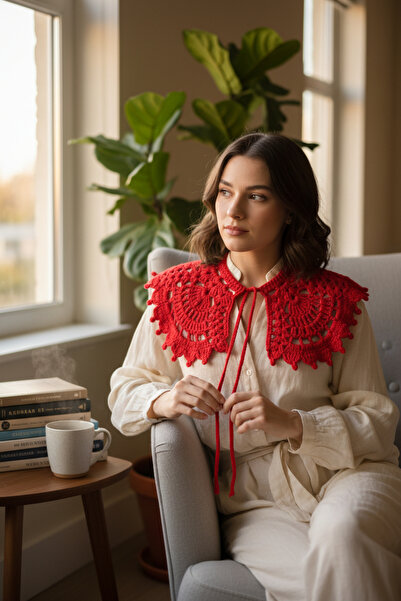 pulur.co Kırmızı El Örgüsü Tığ İşi Retro Vintage Dantel Model Yakalık