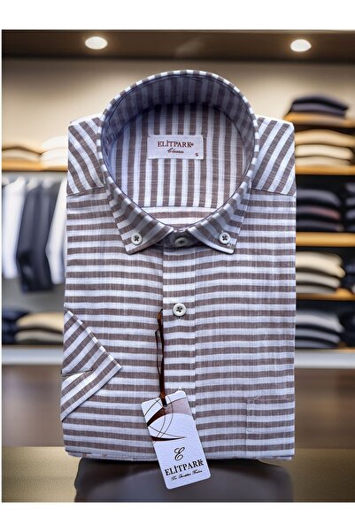 elitpark Yan Çizgili Kahverengi Pamuklu Erkek Gömlek