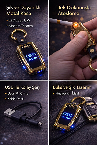 VOLTARA Audi Logolu LED Işıklı Şarjlı Anahtarlık – Lüks Metal Tasarım USB Kab...