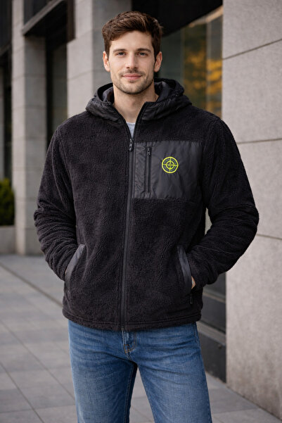 ince moda giyim Erkek Peluş Kapüşonlu Fermuarlı Ceket – Paraşüt Cepli Teddy Mont