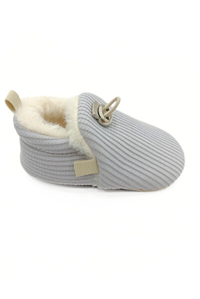 Tiny Feet Ribbed Gray Knitwear, Plush Lined, Non-Slip Sole, Elastic Baby Booties, Home Boots, Slippers