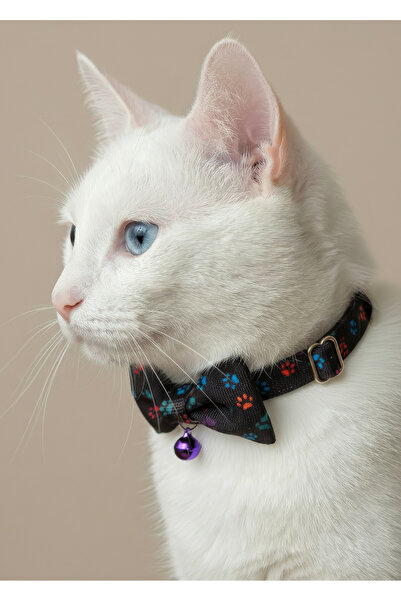 Ben Evcilim Papyonlu Pati Desenli Siyah Kedi Tasması Zilli (18-32cm)