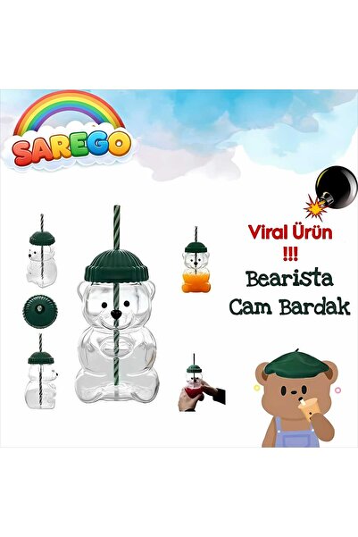 Sarego Sevimli Ayıcık Cam Kupa Bardak Pipetli Bearista Termos Suluk Kahve Süt...