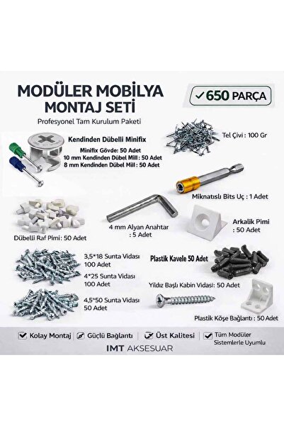 İMT AKSESUAR 650 Parça Profesyonel Modüler Mobilya Montaj Seti -Mobilyalarla ...
