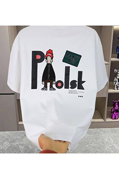 CLASSY.MODA Unisex Λευκό Υπερμεγέθη Μπλουζάκι με Στάμπα Άνετη Γραμμή Καθημερι...