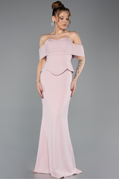 Abiyefon Pudra Straplez Peplum Kesim Uzun Abiye Elbise ABU5559