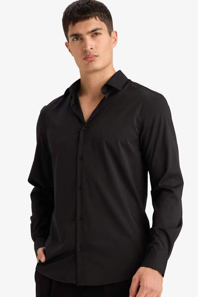 DeFacto Slim Fit Polo Collar Basic Plain Long Sleeve Shirt F9884Ax26Sp