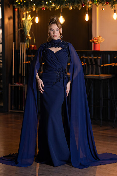 Abiyefon Lacivert Straplez Şallı Portatif Üst Detaylı Uzun Abiye ABU5558