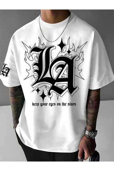 CLASSY.MODA Unisex Λευκό Υπερμεγέθη Μπλουζάκι με Στάμπα Άνετη Γραμμή Καθημερι...