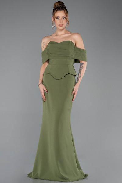 Abiyefon Haki Straplez Peplum Kesim Uzun Abiye Elbise ABU5559