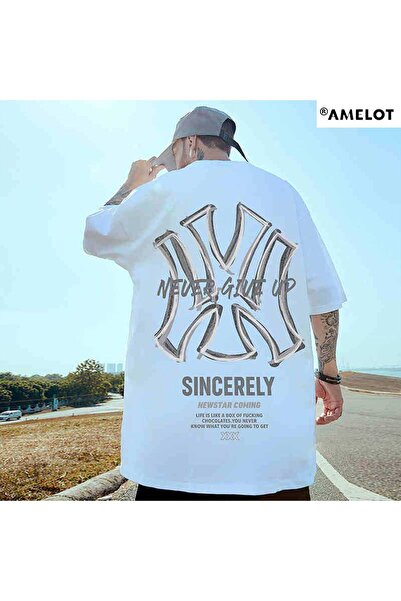 CLASSY.MODA Tricou unisex alb supradimensionat, imprimat, croială lejeră, îmb...