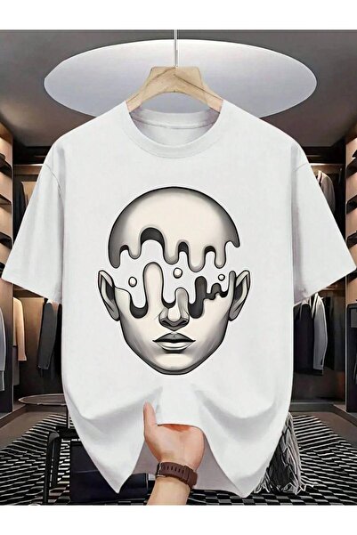 classy moda Unisex Λευκό Υπερμεγέθη Μπλουζάκι με Στάμπα Άνετη Γραμμή Καθημερι...