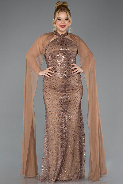 Abiyefon Bakır Halter Yaka Şallı Uzun Boncuklu Büyük Beden Abiye ABU5596