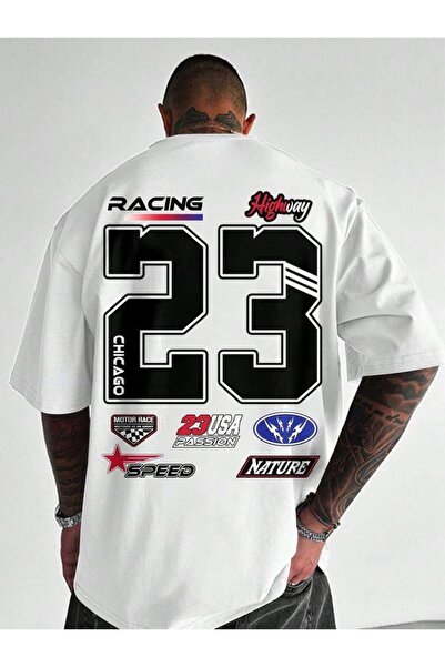 CLASSY.MODA Unisex Λευκό Υπερμεγέθη Μπλουζάκι με Στάμπα Άνετη Γραμμή Καθημερι...