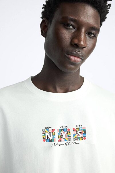 CLASSY.MODA Unisex Λευκό Υπερμεγέθη Μπλουζάκι με Στάμπα Άνετη Γραμμή Καθημερι...