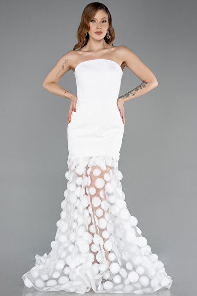 Abiyefon Ekru Straplez Eteği Puantiyeli Uzun Abiye ABU5635