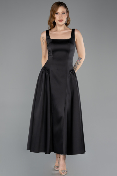 Abiyefon Siyah Kolsuz Kare Yaka Midi Davet Elbisesi ABK2519