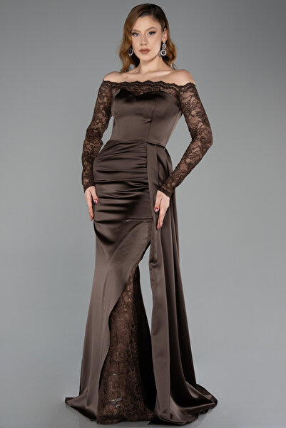 Abiyefon Kahve Dantelli Uzun Kol Kayık Yaka Saten Balık Abiye ABU5641