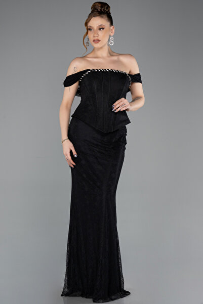 Abiyefon Siyah Straplez Peplum Kesim Uzun Dantel Abiye Elbise ABU5685