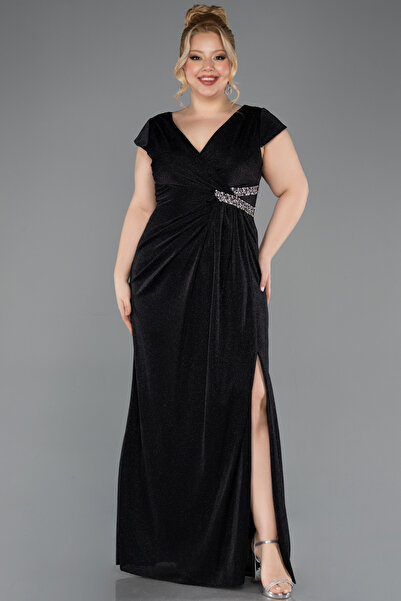 Abiyefon Siyah Kısa Kol Yırtmaçlı Uzun Simli Büyük Beden Abiye ABU5552