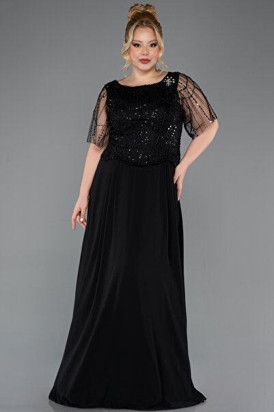 Abiyefon Siyah Kısa Kol Üstü Pullu Şifon Uzun Büyük Beden Abiye ABU5554