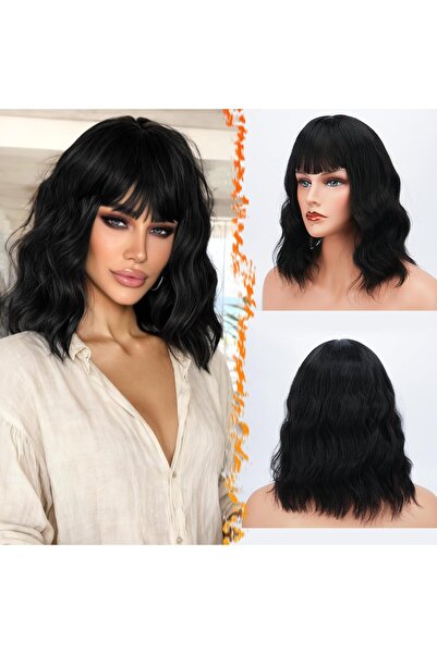 OEM Short, wavy wig with bangs, 35 cm, voluminous synthetic hair, black