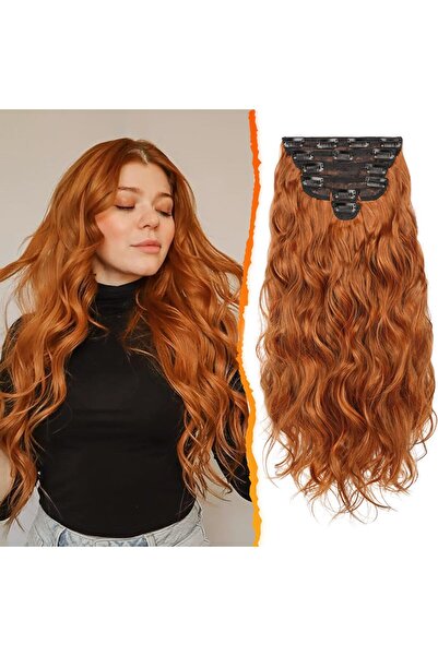 OEM Extensii de par ondulat, cu clipsuri, 50 cm, 6 buc. groase, rosu aramiu