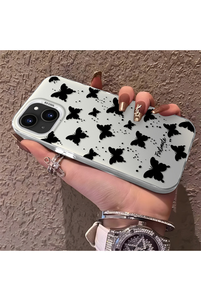 Hontinga iPhone 15 Plus Compatible Silicone Little Butterfly Edge Hard Back A...