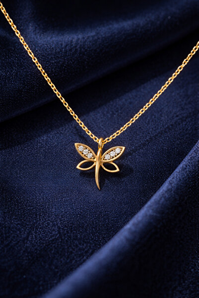 KAR DİAMOND 8 Ayar Altın Uçlu Gümüş Zincirli Minimalist Yusufçuk Kadın Kolye ...