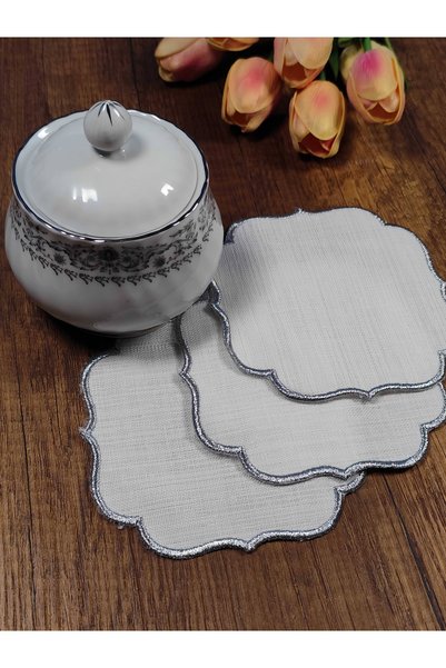 NESTURE Silver Embroidered White Fabric Suitable for Embroidery Linen Etamine Fabric Coffee Side Cocktail Presentation Napkin Set of 6