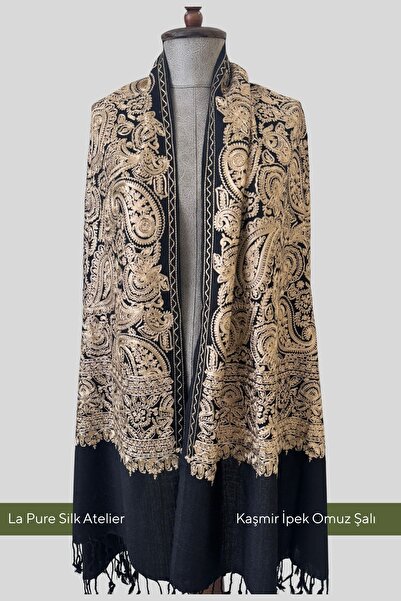 Pure Silk Atelier Premium %100 Kaşmir - Gold İpek El İşlemeli Özel Tasarım Bü...