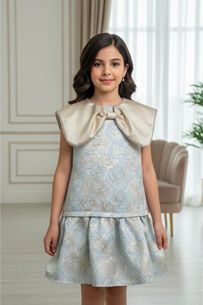 Rawai Roma Girls' jacquard luxury dress with a wide satin collar