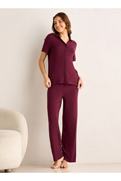 FAV طقم بيجاما من قميص بأزرار وبنطال من قماش مودال