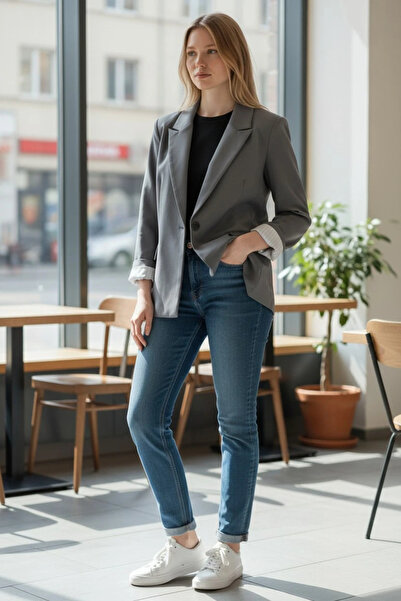 modayiğit Gri astarlı şık kadın blazer ceket