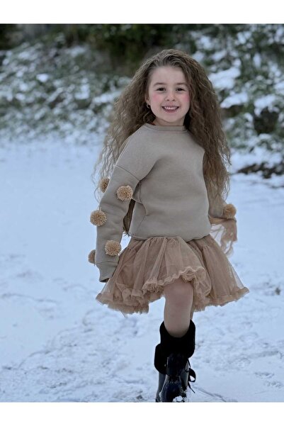 BERFONZO KIDS Kız çocuk ponpon detay tütülü takım (bayramlık)