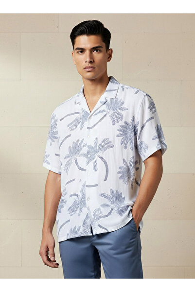 FAV Men Camp Collar Palm Tree Print Short Sleeve Resort Shirt