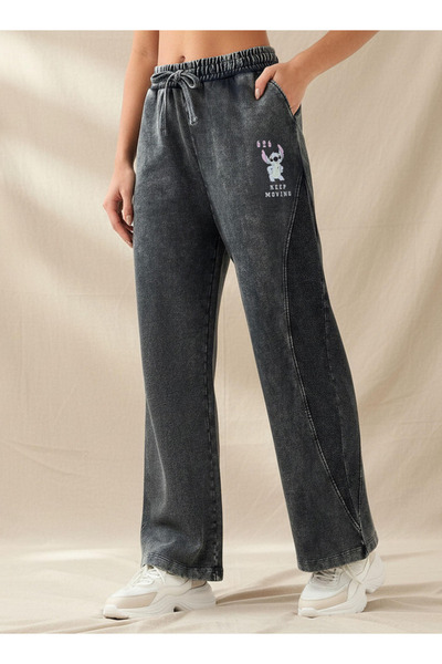 SP Characters Wide Leg Mid-Rise Jeans with Stitch Print